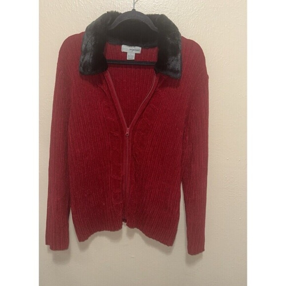 Marguerite's Burgundy Red Cardigan‎ Sweater Faux Fur Collar Zip Up